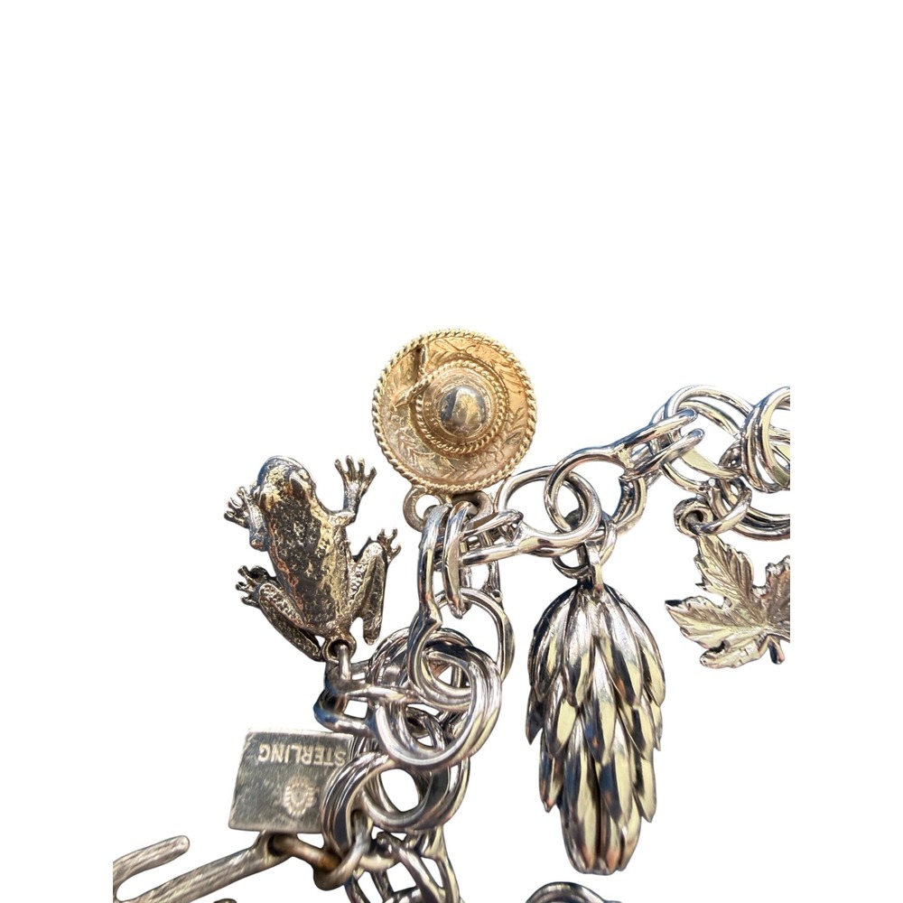 Vtg 925 Sterling Silver Charm Bracelet Frog Cactus Sewing Shell Sombrero Chunky - Picture 10 of 16